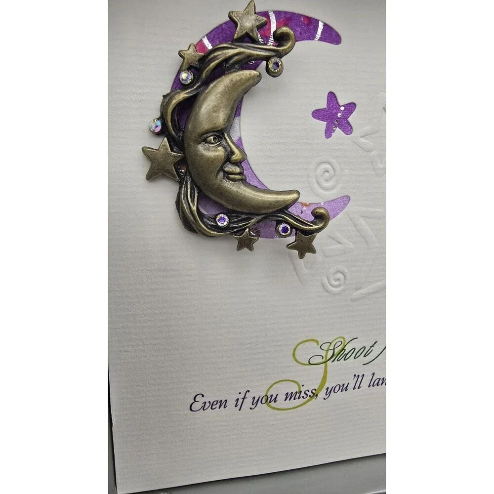Les Brown Shoot For The Moon Quote & Brooch Pin Moon Face & Stars Celestial